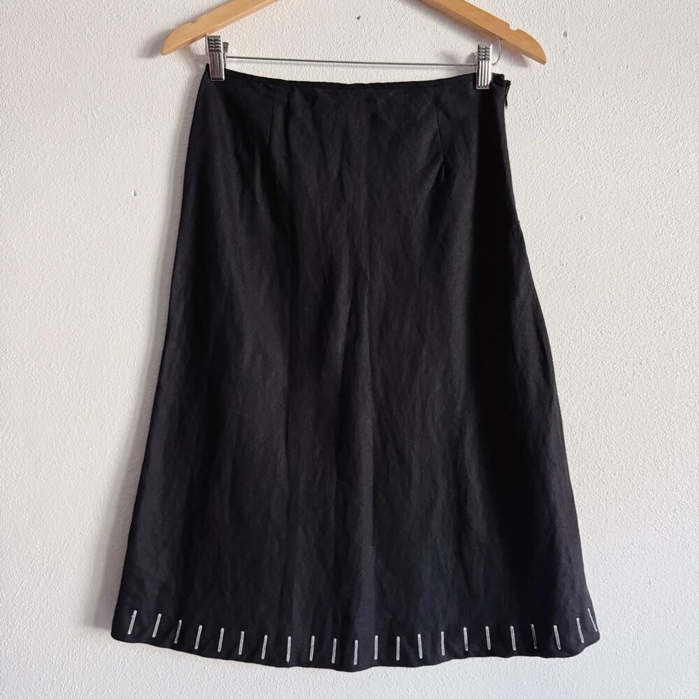 90s/y2k vintage black linen midi skirt w/ white stitching detail at hem